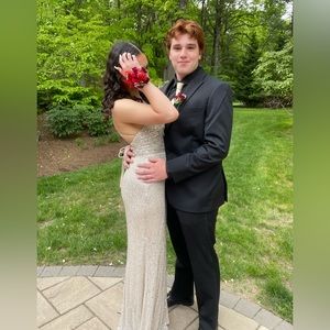 champagne sequin tight long prom dress